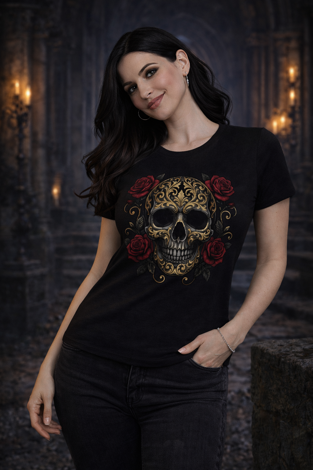 Gold Skull – Totenkopf mit Rosen und Ornamenten - Frauen Premium T-Shirt