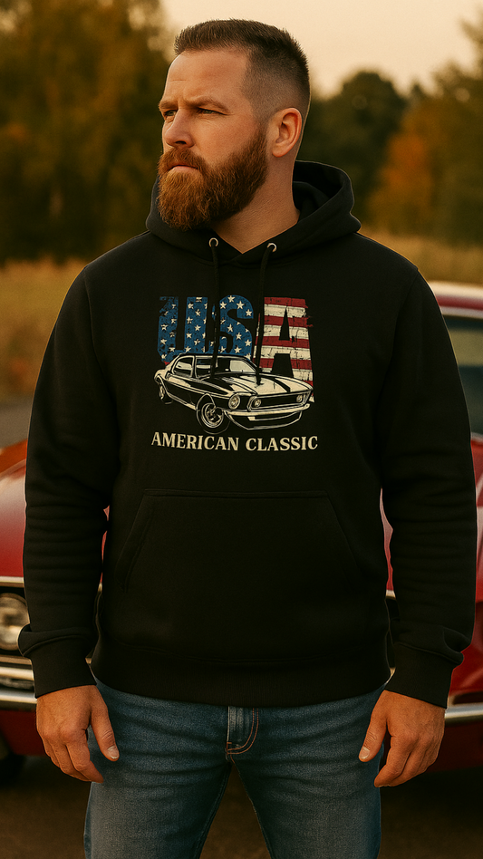 USA American Classic – Muscle Car & Flag Unisex Bio-Hoodie