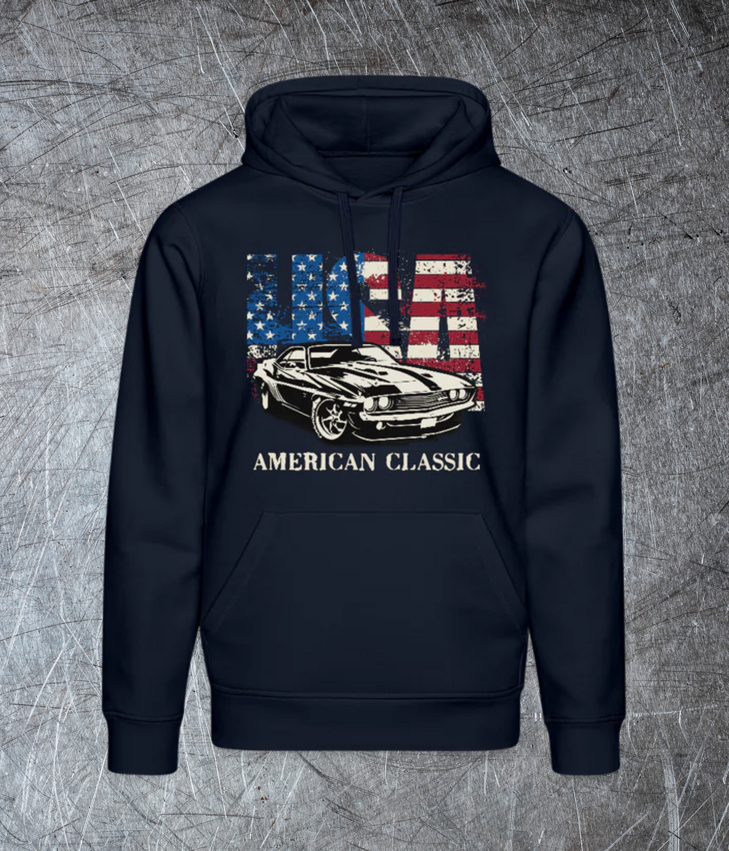 USA American Classic – Muscle Car & Flag Unisex Bio-Hoodie