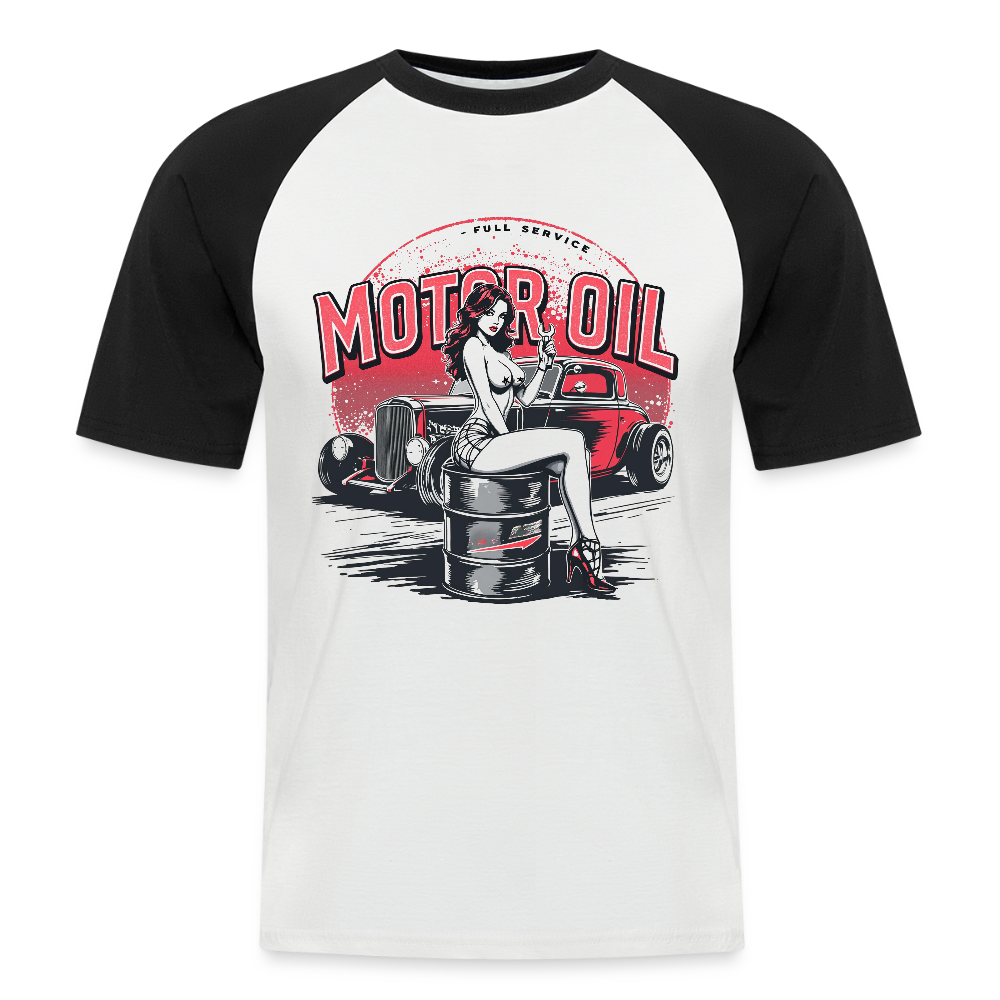 Motor Oil – Full Service Babe - Männer Baseball-T-Shirt - Weiß/Schwarz
