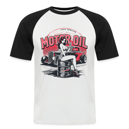 Motor Oil – Full Service Babe - Männer Baseball-T-Shirt - Weiß/Schwarz