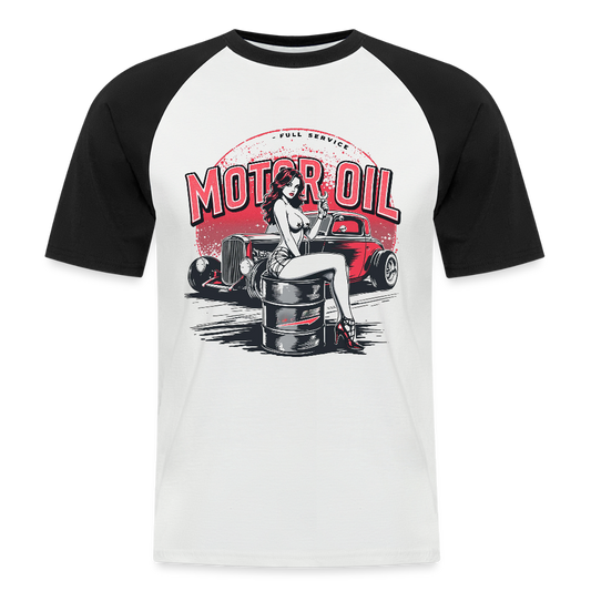 Motor Oil – Full Service Babe - Männer Baseball-T-Shirt - Weiß/Schwarz