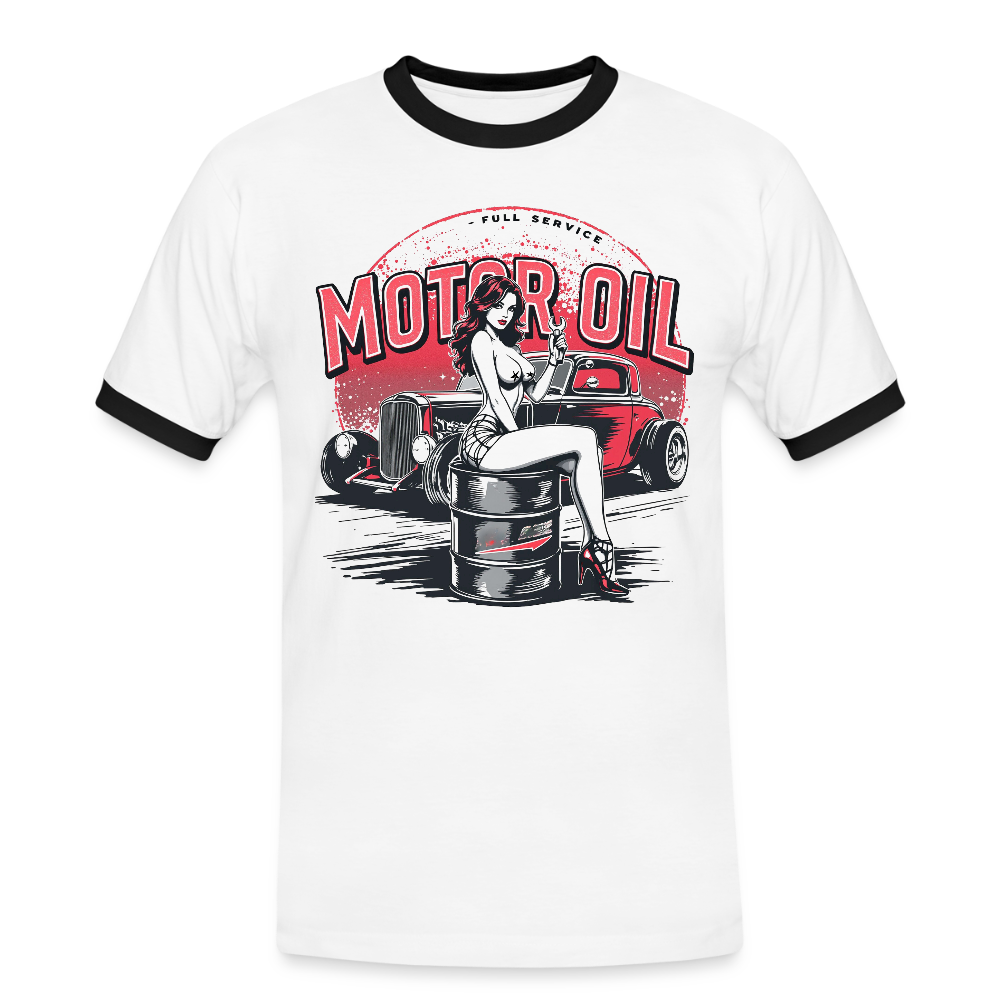 Motor Oil – Full Service Babe - Männer Kontrast-T-Shirt - Weiß/Schwarz