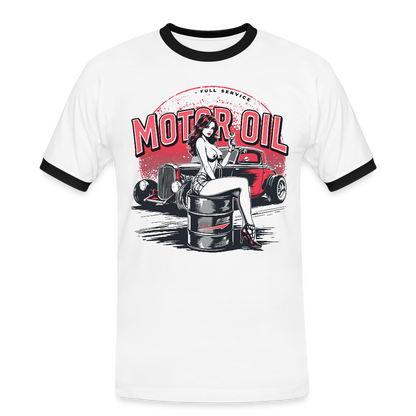 Motor Oil – Full Service Babe - Männer Kontrast-T-Shirt - Weiß/Schwarz