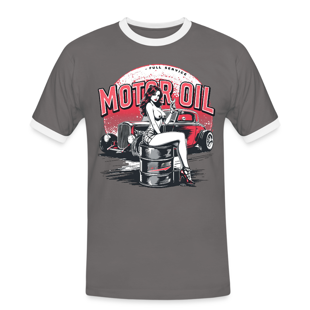 Motor Oil – Full Service Babe - Männer Kontrast-T-Shirt - Dunkelgrau/Weiß
