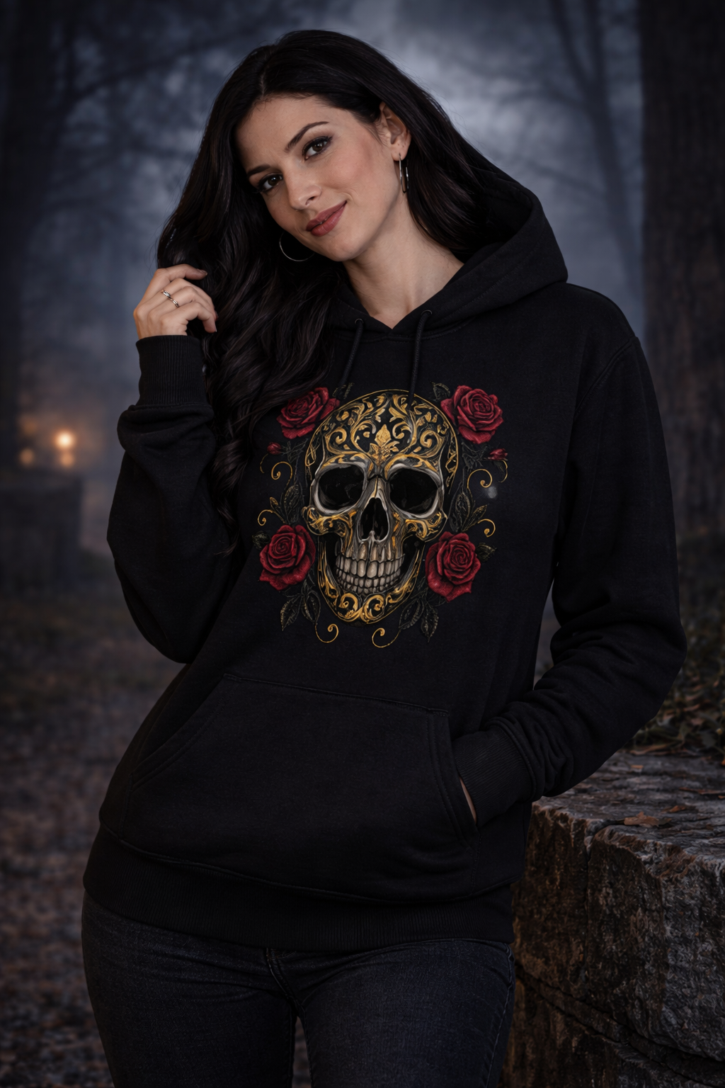 Gold Skull – Totenkopf mit Rosen und Ornamenten - Frauen Premium Hoodie