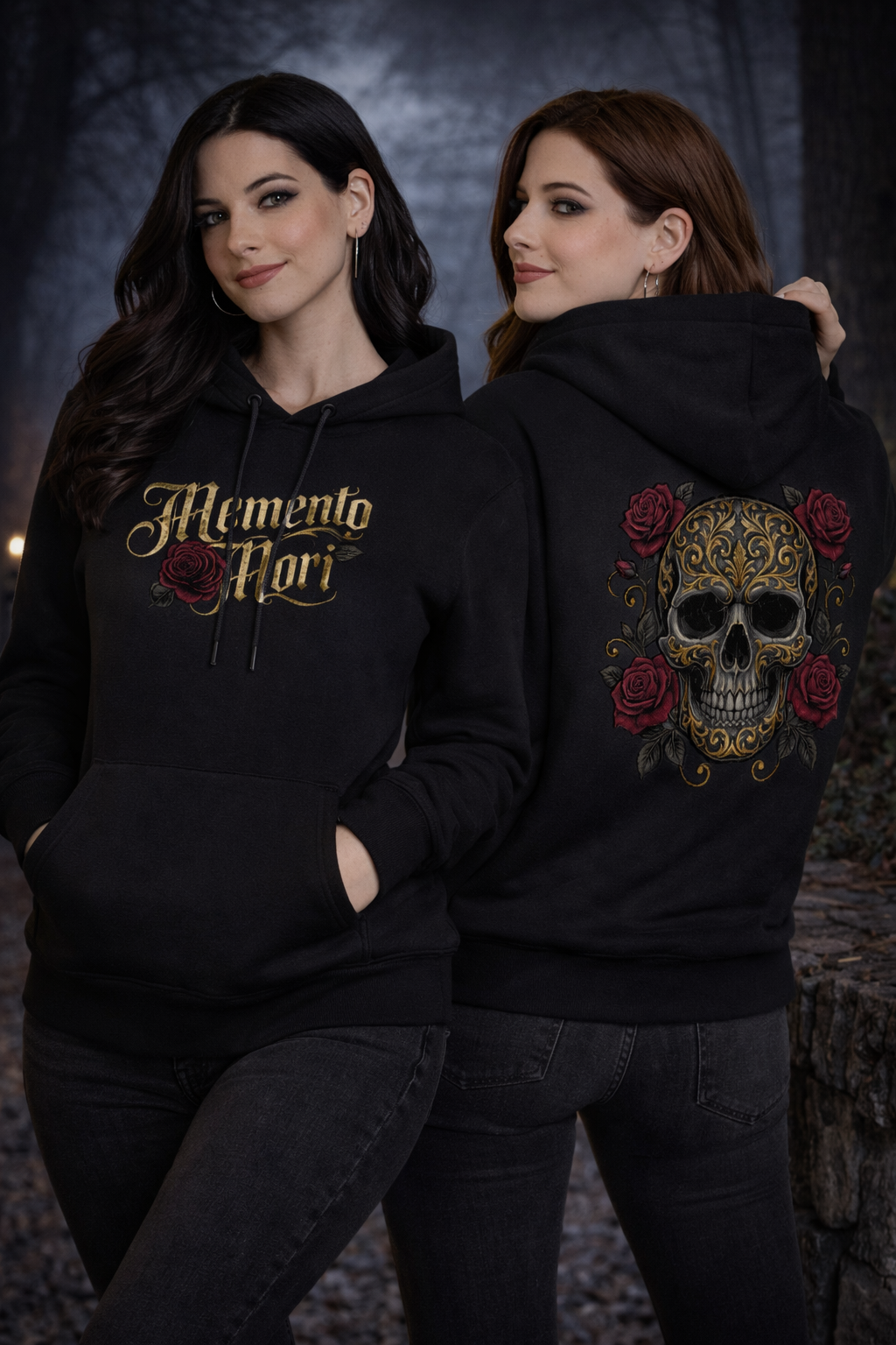 Memento Mori Hoodie – Goldene Gothic-Schrift mit Rose - Frauen Premium Hoodie