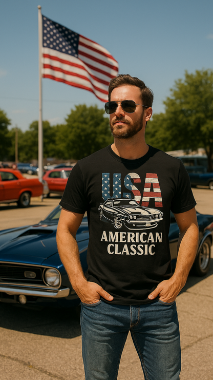 American Classic – Muscle Car & Flag - Premium T-Shirt
