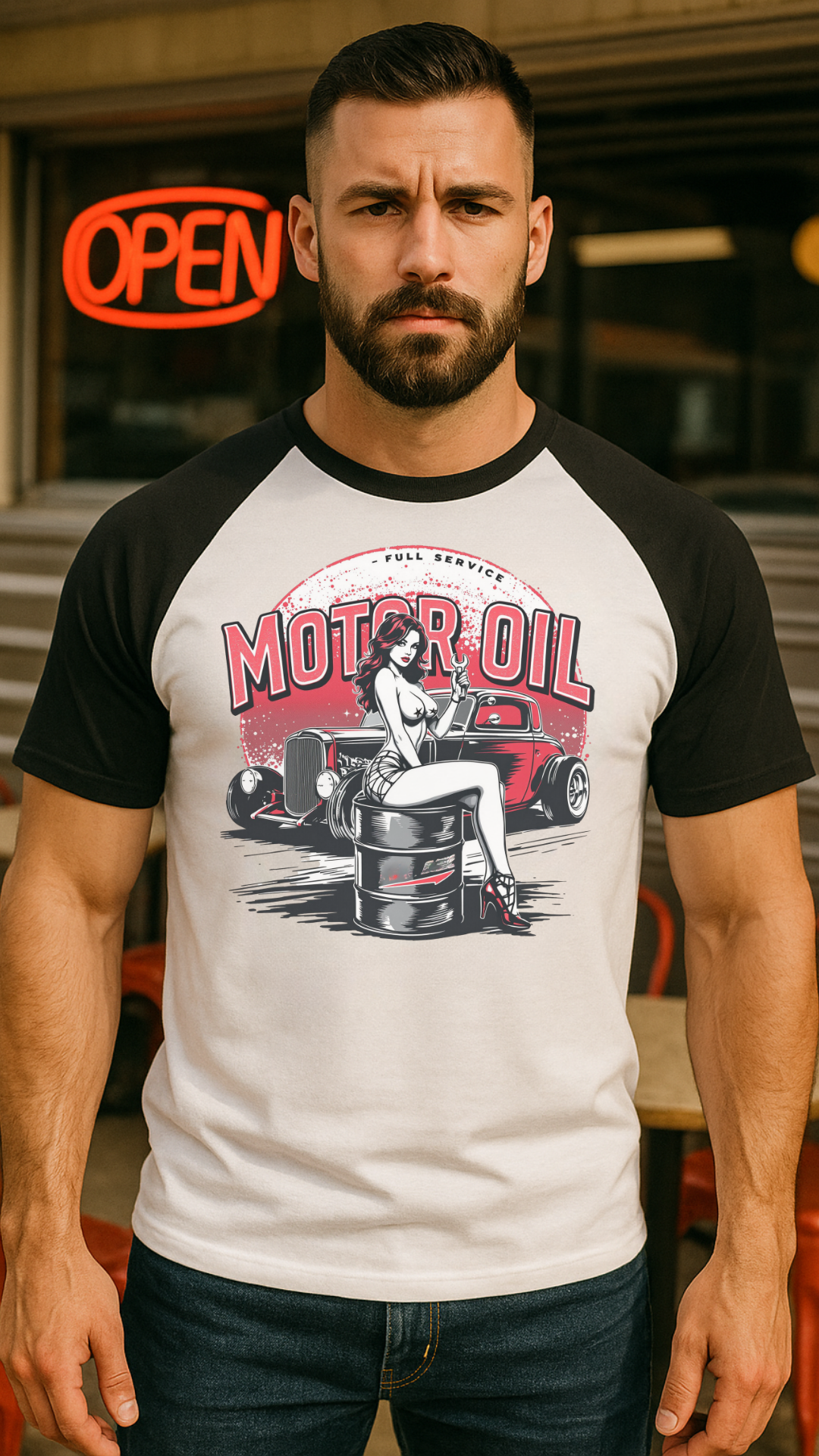 Motor Oil – Full Service Babe - Männer Baseball-T-Shirt