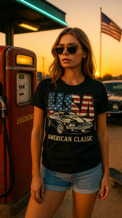 American Classic – Muscle Car & Flag - Premium T-Shirt