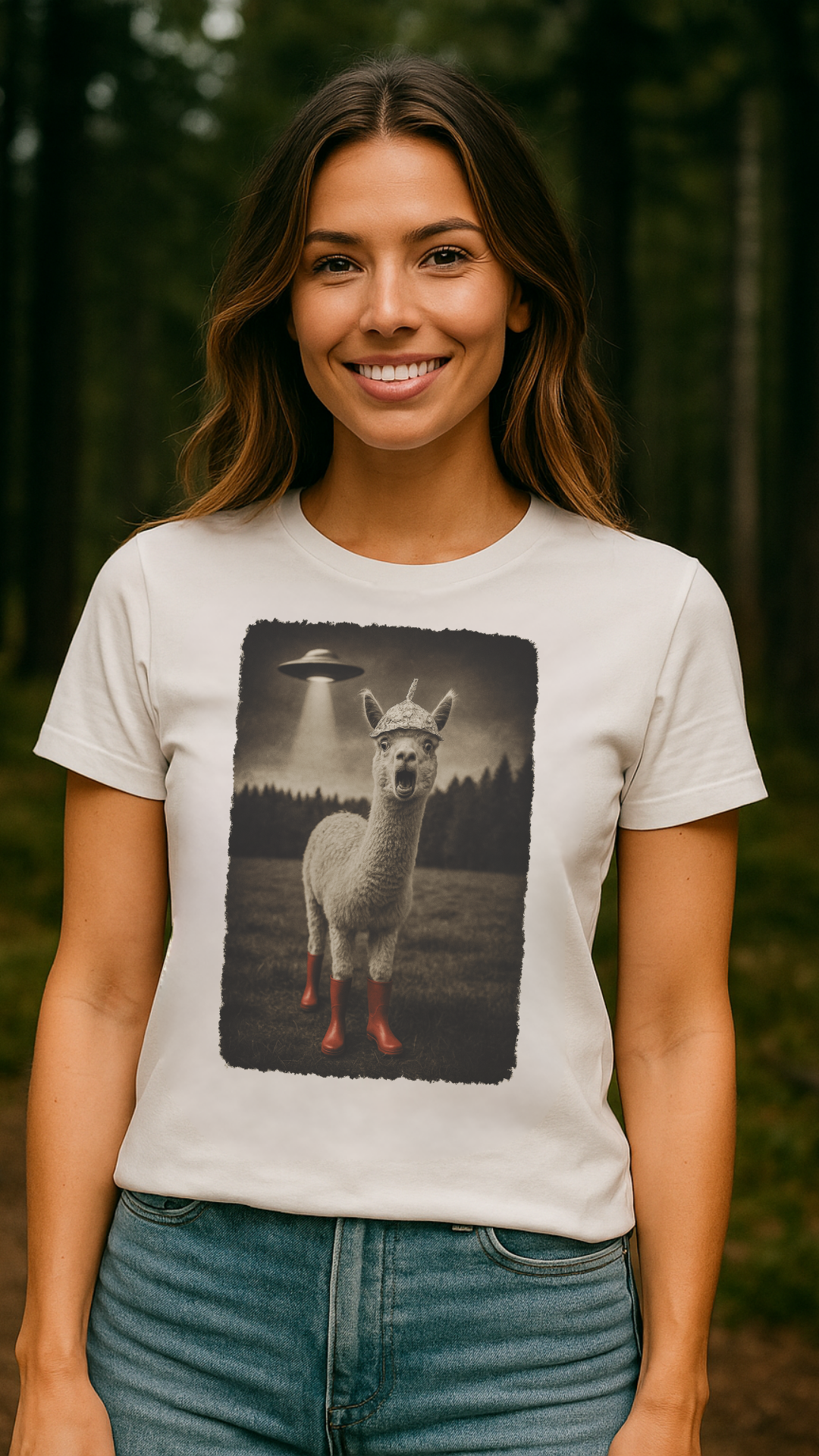 Alpaka mit Aluhut – UFO Alarm im Retro-Style - Premium T-Shirt