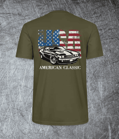 American Classic – Muscle Car & Flag - Rückendruck - Premium T-Shirt