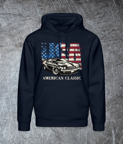 USA American Classic – Muscle Car & Flag  Unisex Bio-Hoodie