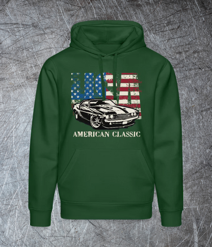 USA American Classic – Muscle Car & Flag  Unisex Bio-Hoodie