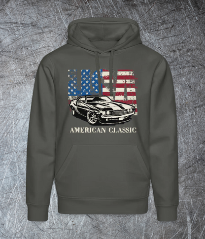 USA American Classic – Muscle Car & Flag  Unisex Bio-Hoodie