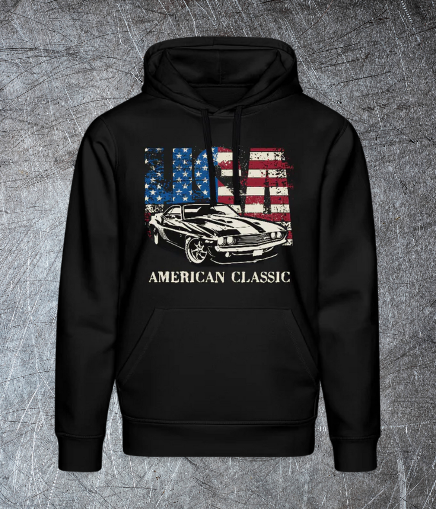 USA American Classic – Muscle Car & Flag  Unisex Bio-Hoodie