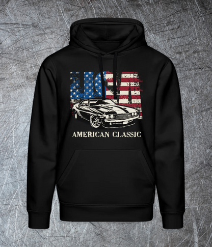 USA American Classic – Muscle Car & Flag  Unisex Bio-Hoodie